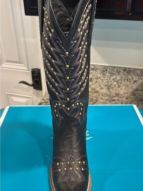 Lane Black Studded Western Cowboy Boot - Embroidered Leather